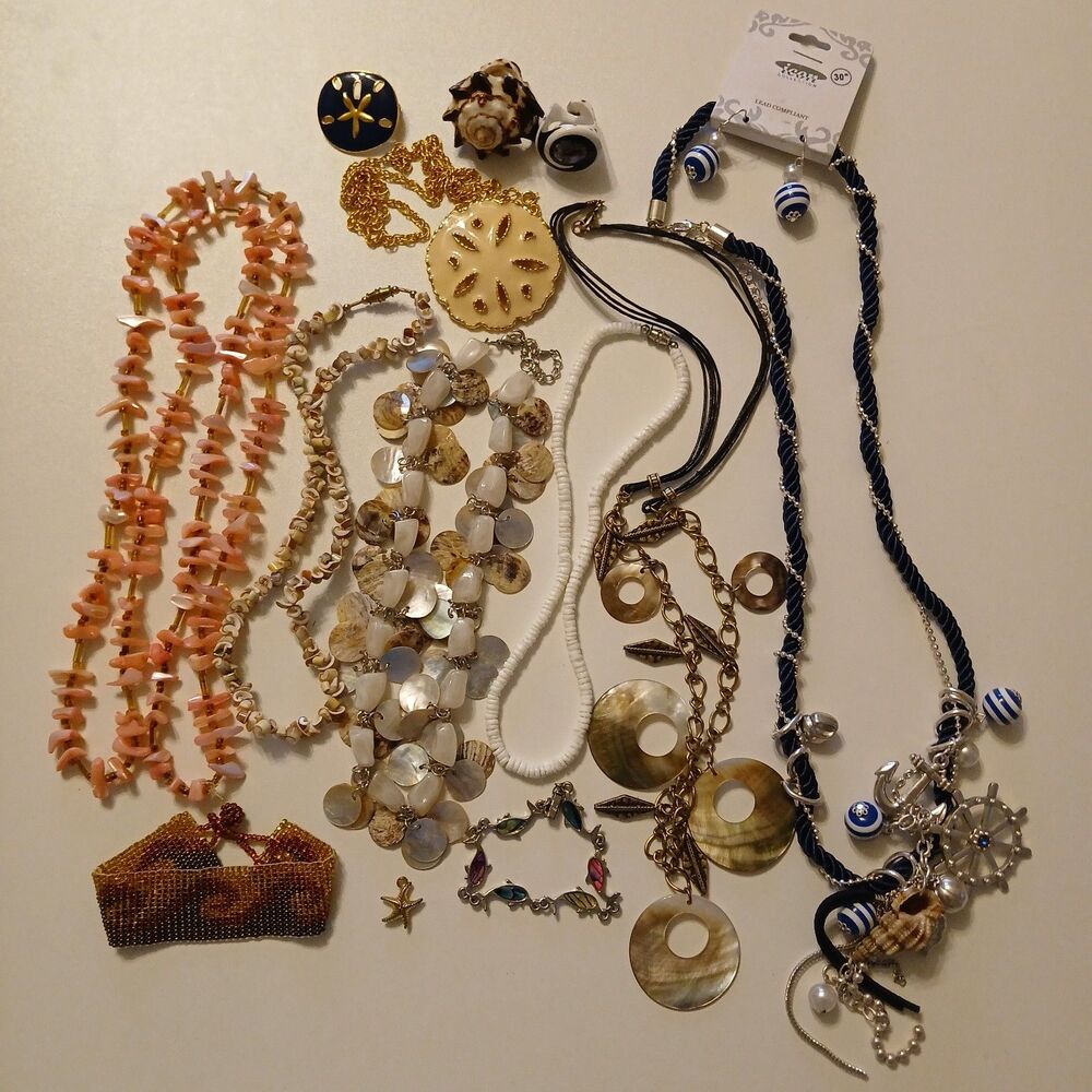Coastal Beach Nautical Jewelry Lot 13pc Mother of Pearl Shell Sand Dollar Bundle